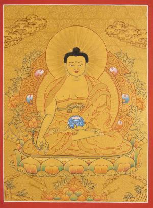 24k Gold Style Original Tibetan Buddhist Painting Of Shakyamuni Buddha Thanka